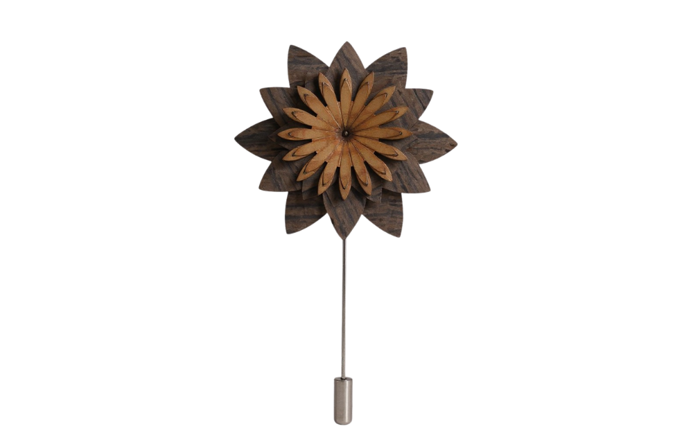 Timber Ties carved rosette wooden lapel pin with sunflower design and natural wood tones