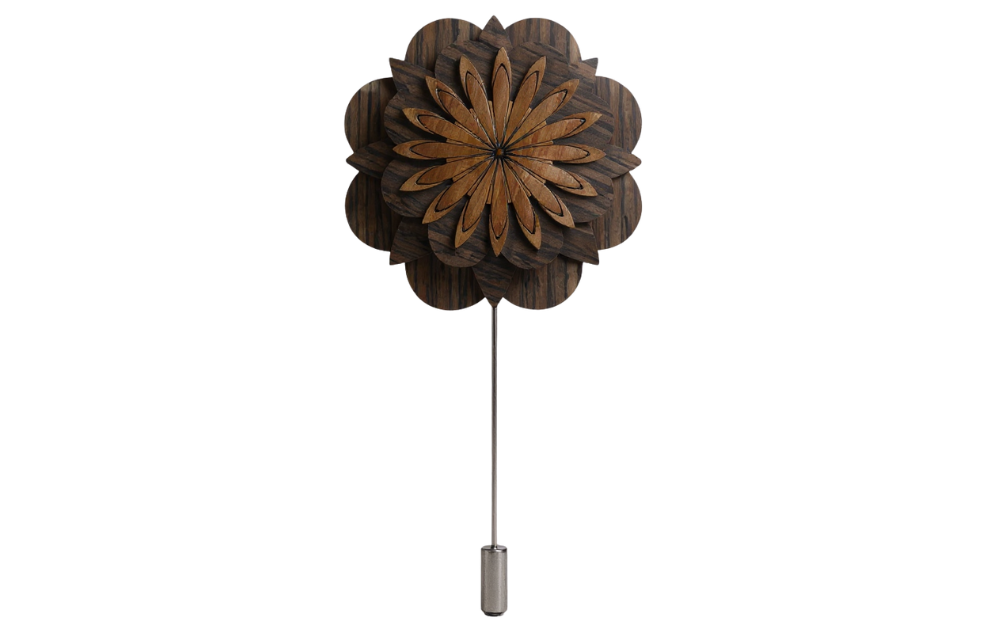 Timber Ties classic wooden lapel pin with decorative flower design on rounded wood base