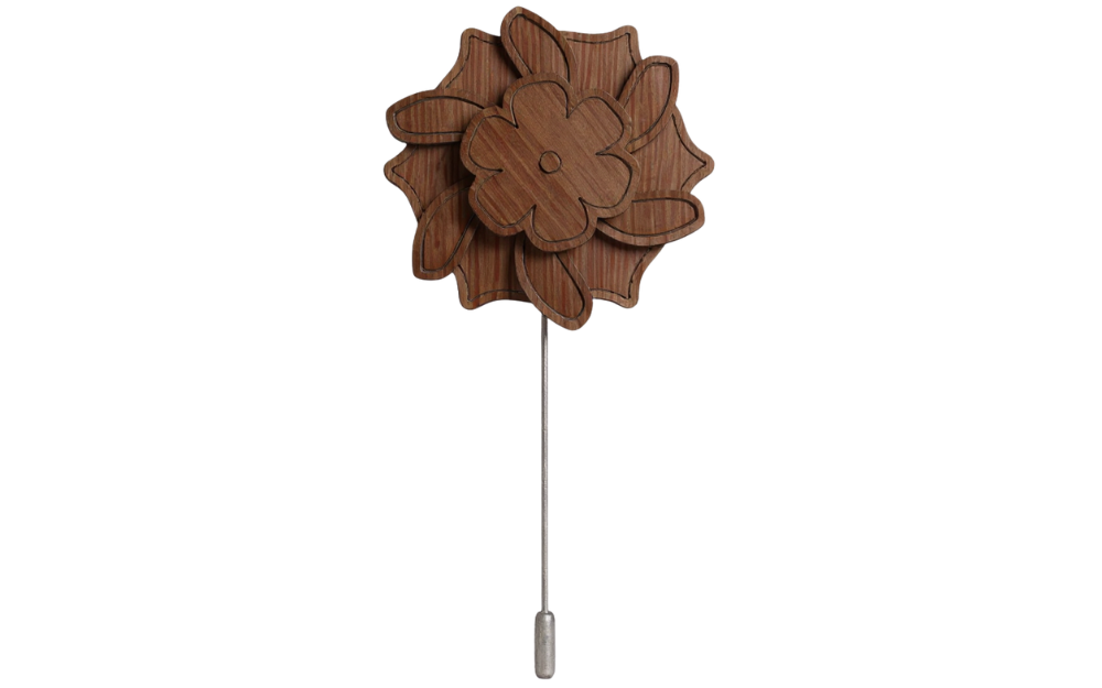 Timber Ties contrast layer wooden lapel pin with two-tone floral design in light and dark wood