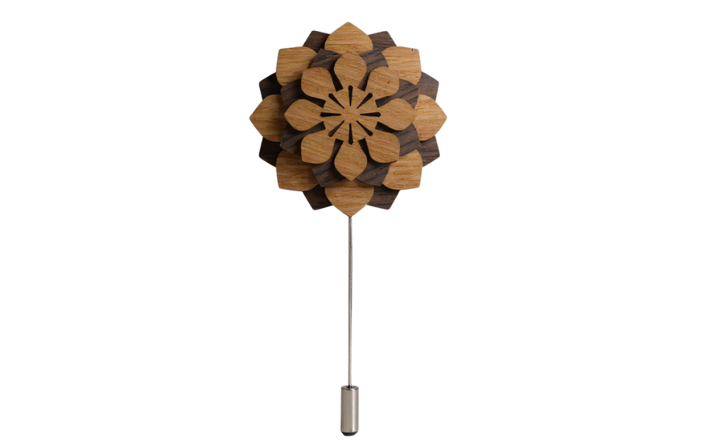 Timber Ties two-tone wooden lapel pin with layered floral mandala design in contrasting wood tones
